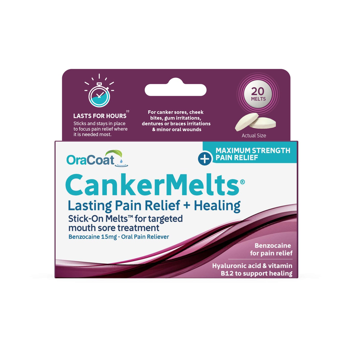 Packaging (front) of OraCoat CankerMelts for lasting pain relief and healing, showing the 20 count product.