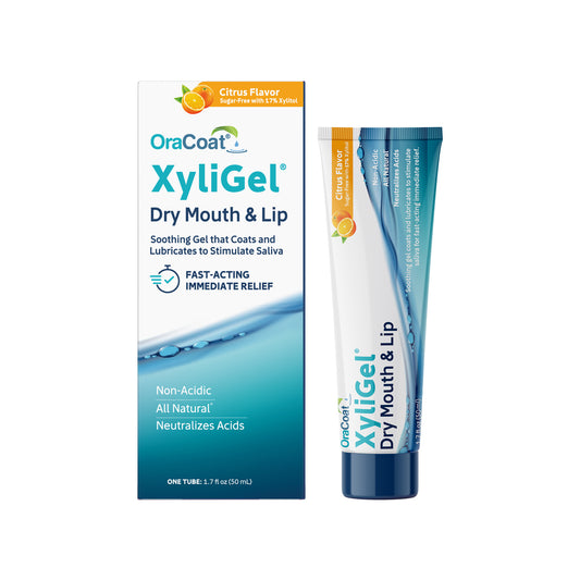 Packaging and tube (front) of OraCoat XyliGel for dry mouth and lip, citrus flavor.