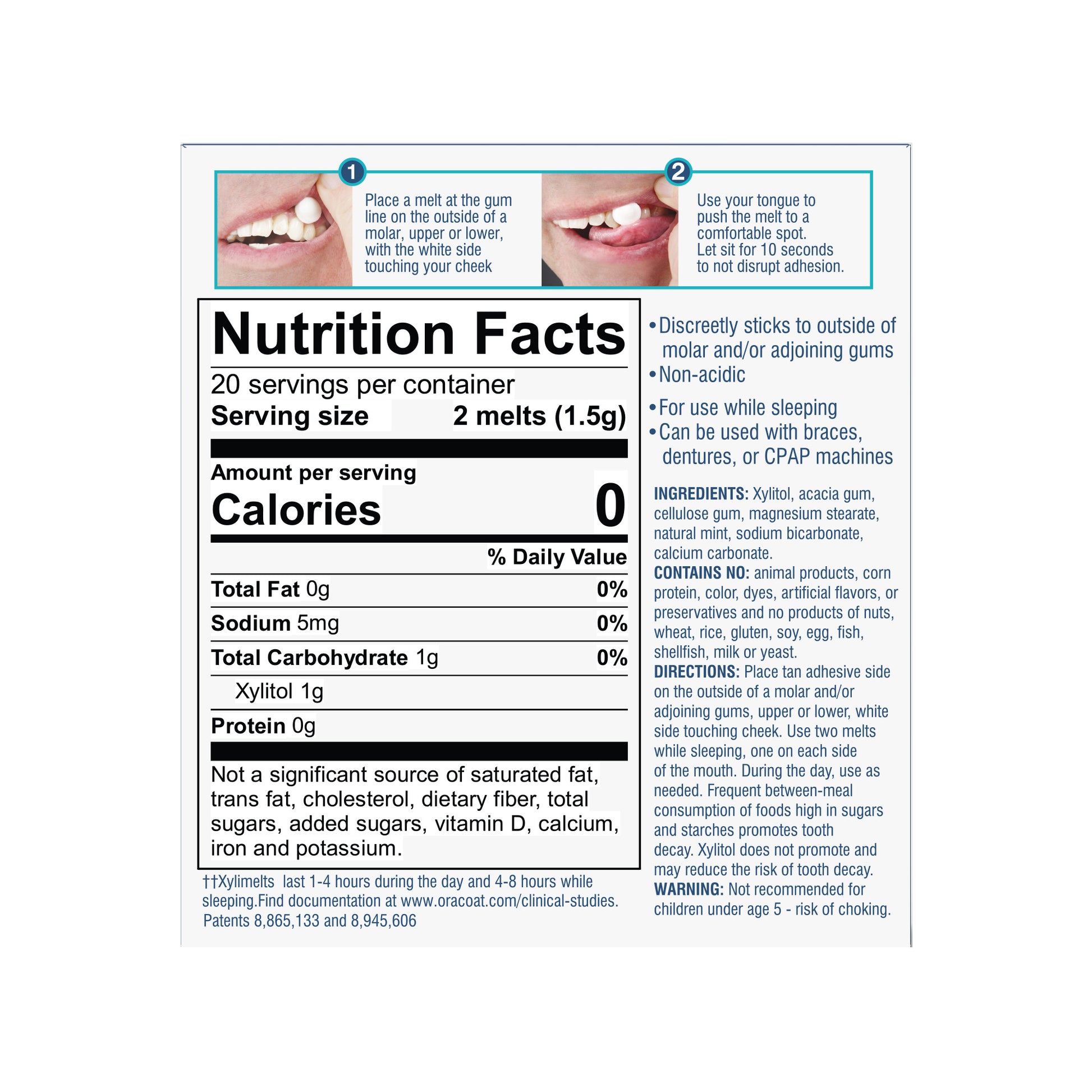 Packaging (back) of OraCoat XyliMelts for dry mouth relief, mild-mint flavor, showing the 40 count product.