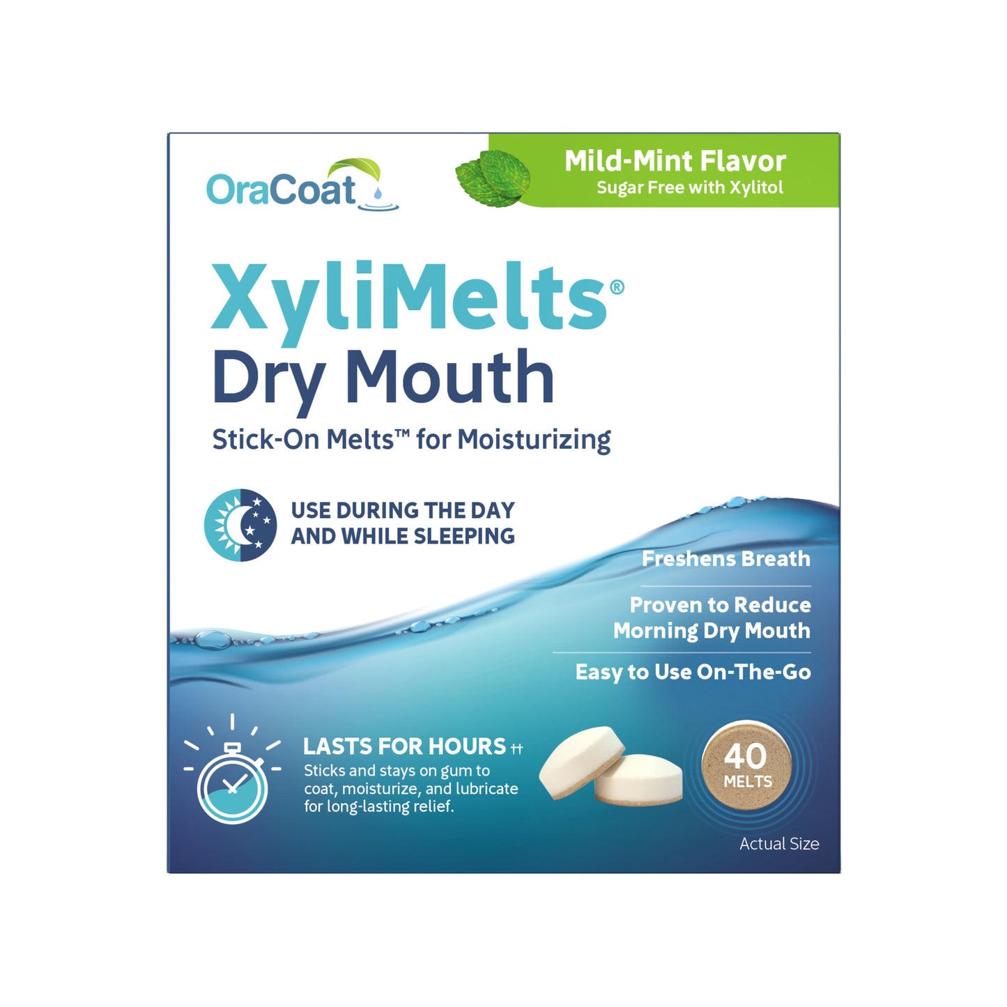 Packaging (front) of OraCoat XyliMelts for dry mouth relief, mild-mint flavor, showing the 40 count product.