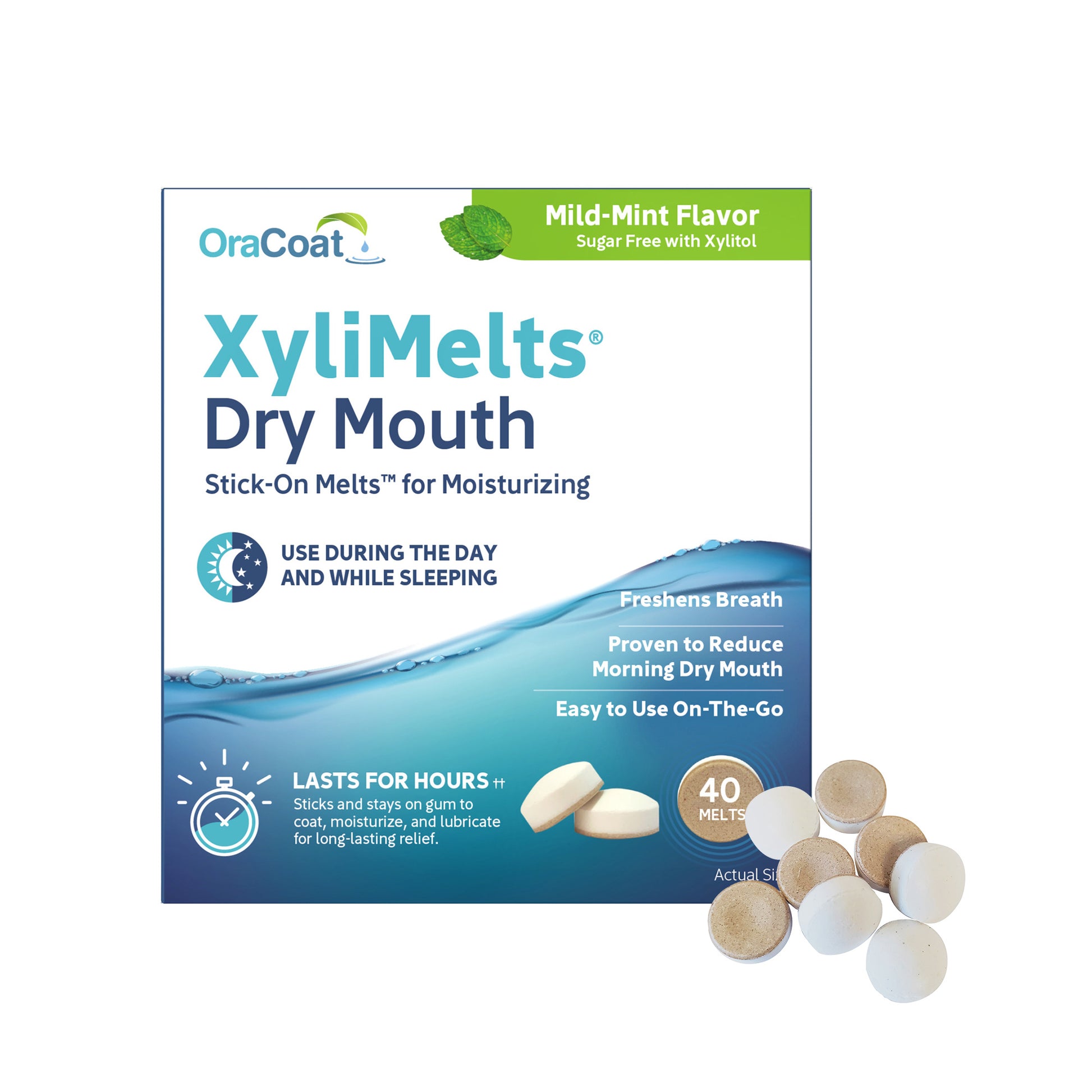 Packaging (front) of OraCoat XyliMelts for dry mouth relief, mild-mint flavor, also showing 8 melts.