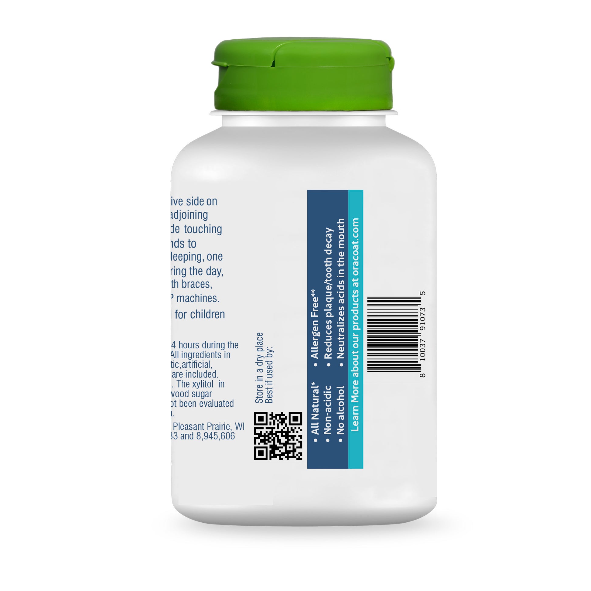 Packaging (back) of OraCoat XyliMelts for dry mouth relief, mild-mint flavor, showing the 80 count bottle.