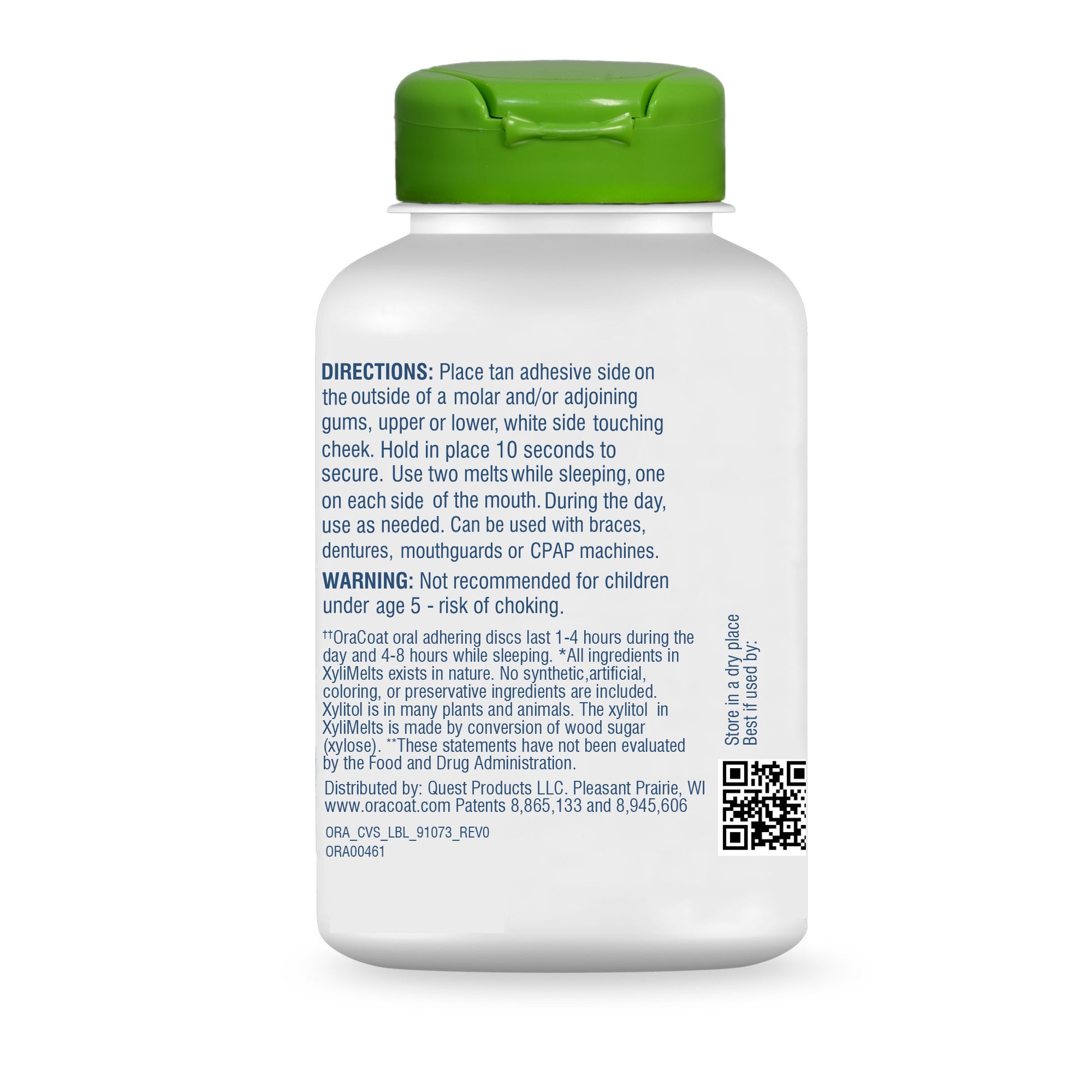 Packaging (directions) of OraCoat XyliMelts for dry mouth relief, mild-mint flavor, showing the 80 count bottle.