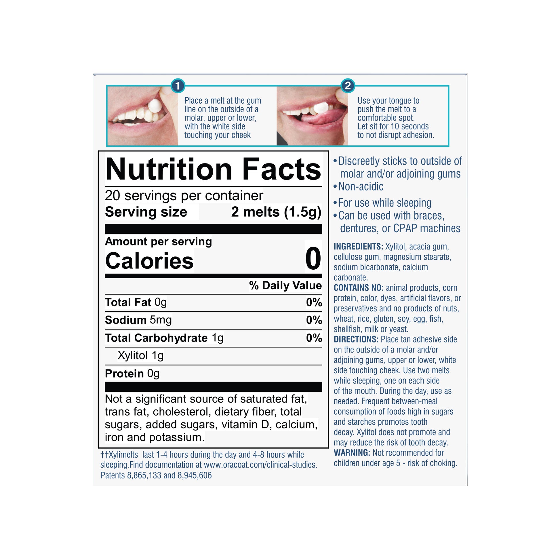 Packaging (back) of OraCoat XyliMelts for dry mouth relief, slightly sweet flavor, showing the 40 count product.