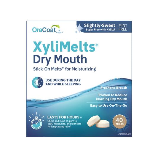 Packaging (front) of OraCoat XyliMelts for dry mouth relief, slightly sweet flavor, showing the 40 count product.