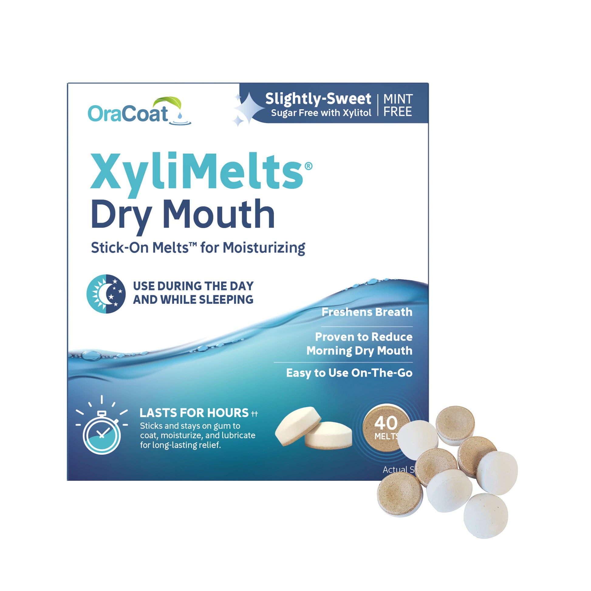 Packaging (front) of OraCoat XyliMelts for dry mouth relief, slightly sweet flavor, also showing 8 melts.