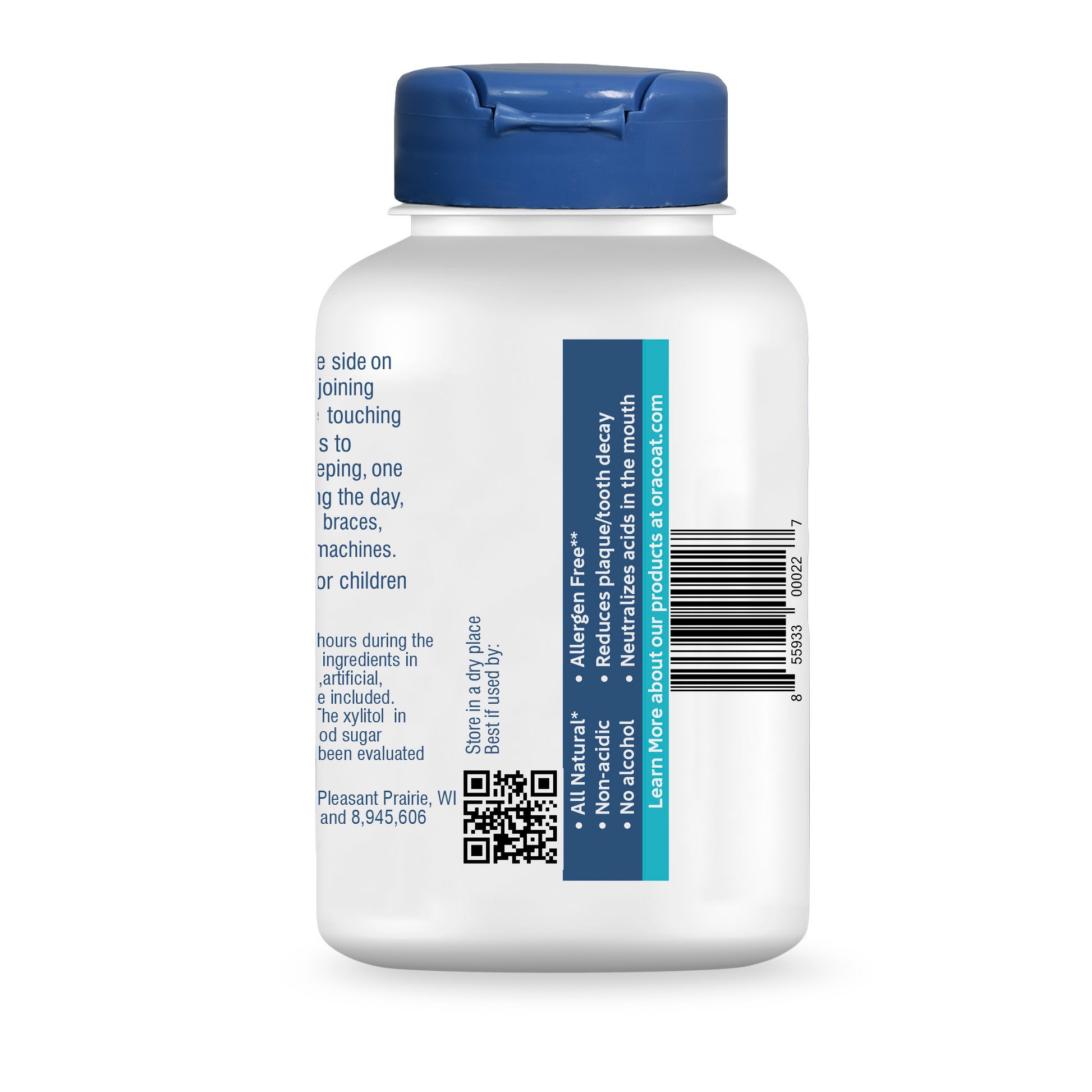 Packaging (back) of OraCoat XyliMelts for dry mouth relief, slightly sweet flavor, showing the 80 count bottle.
