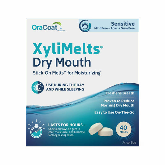 Packaging (front) of OraCoat XyliMelts for dry mouth relief, sensitive flavor, showing the 40 count product.