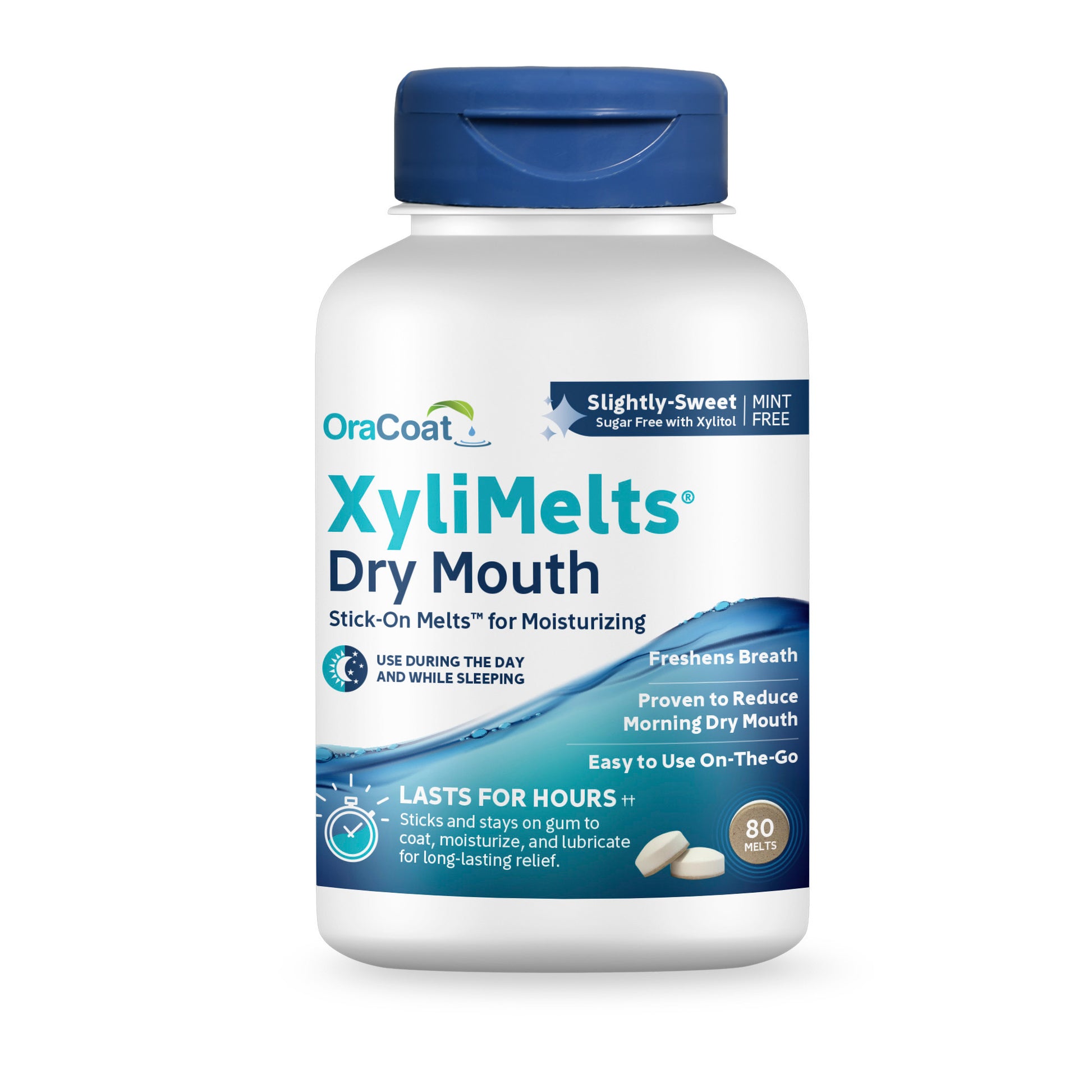 Packaging (front) of OraCoat XyliMelts for dry mouth relief, slightly sweet flavor, showing the 80 count bottle.
