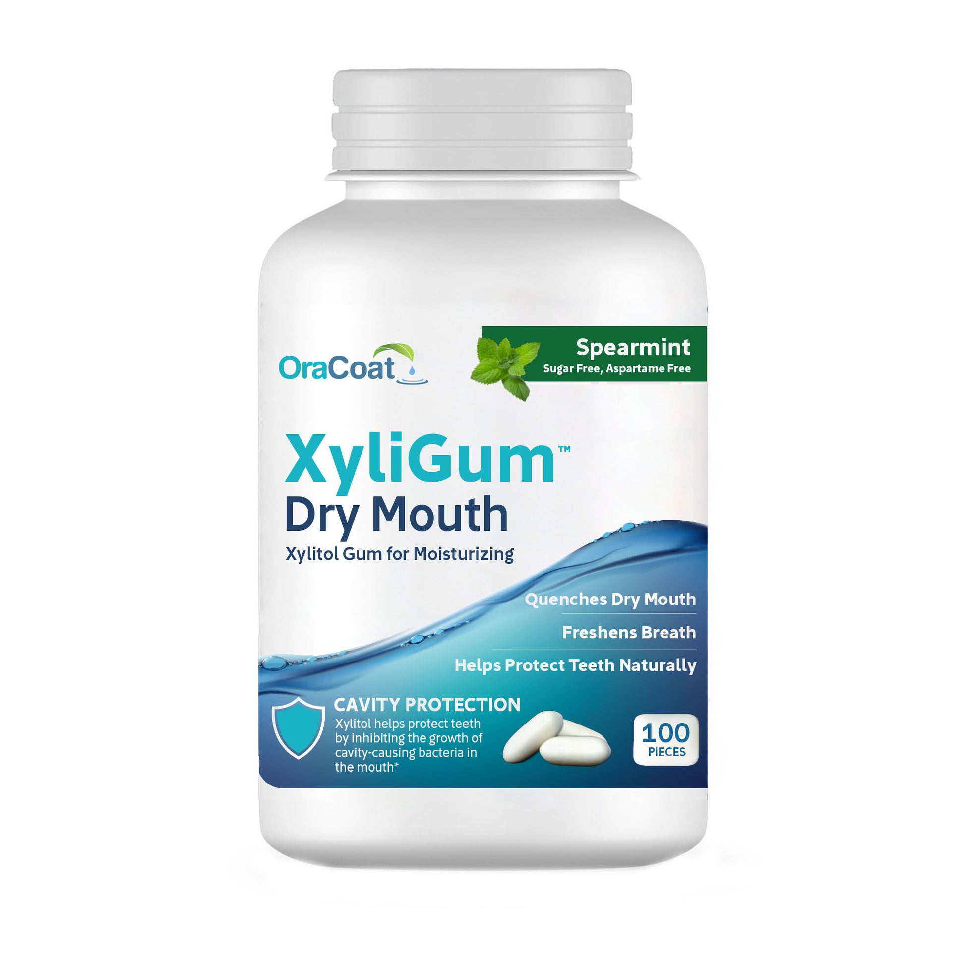 Packaging (front) of OraCoat XyliGum for dry mouth relief, spearmint flavor, showing the 100 count bottle.