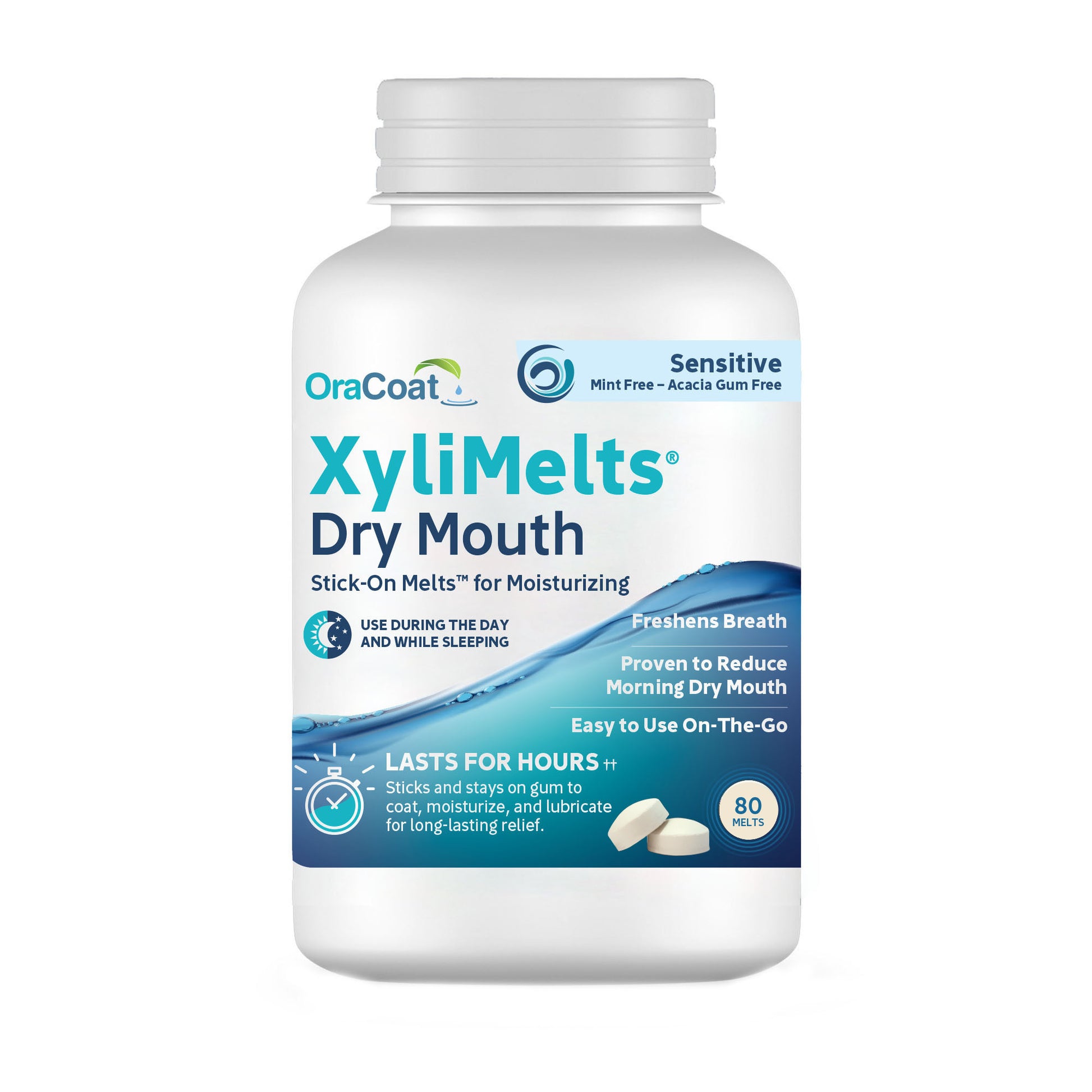 Packaging (front) of OraCoat XyliMelts for dry mouth relief, sensitive flavor, showing the 80 count bottle.